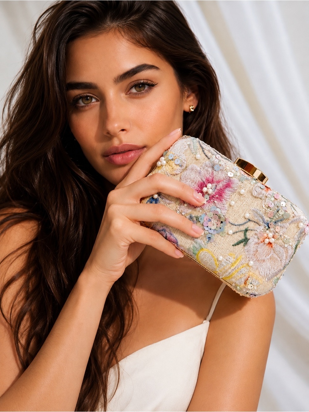 Dedire~ Embellished Floral Beaded Clutch in Cream and Pink